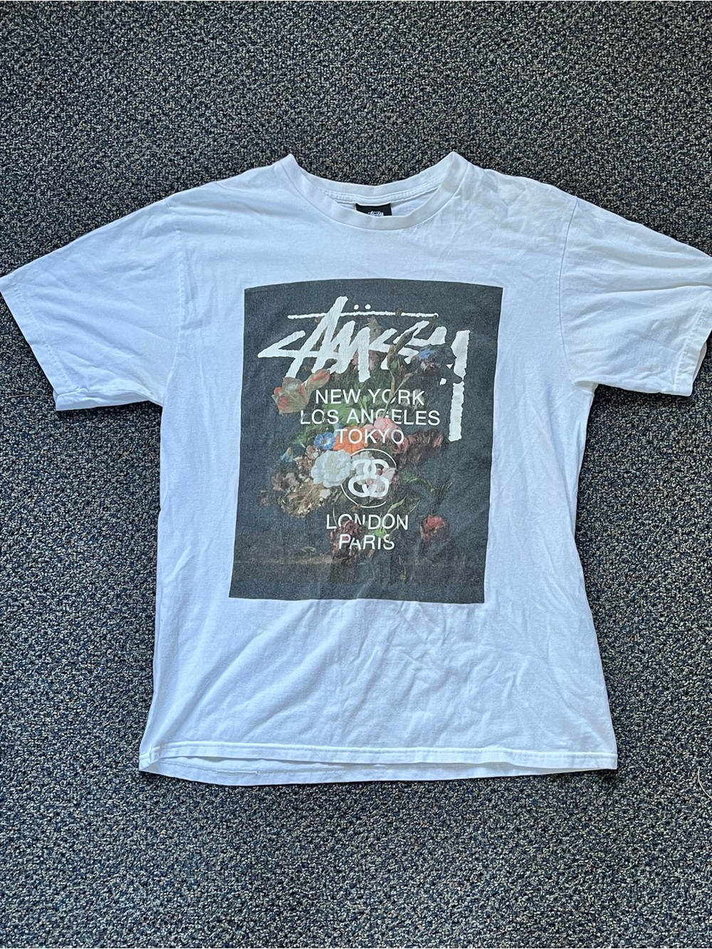 Stussy White Short-Sleeve Tee with Black Floral Graphic